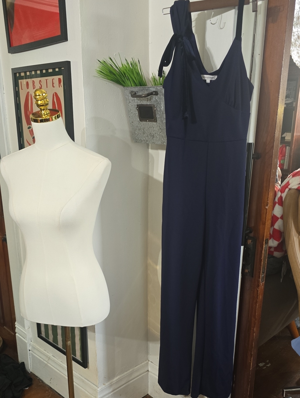 The Vanity Room Nwt Navy Velvet Tie-Shoulder Wide-Leg Jumpsuit Large